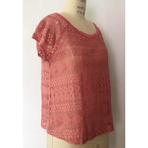 FOREVER 21 CORAL PINK MESH EMBROIDERED GEOMETRIC LACE TOP LARGE NWT - Picture 4 of 8